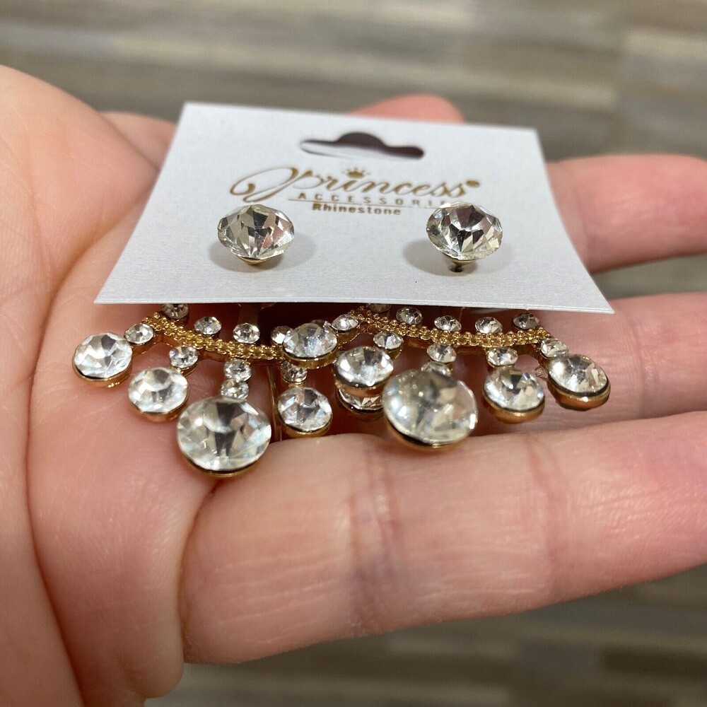 Princess Accessories Rhinestone Under Lobe Cuff Stud Gold Tone Earrings - Picture 6 of 8